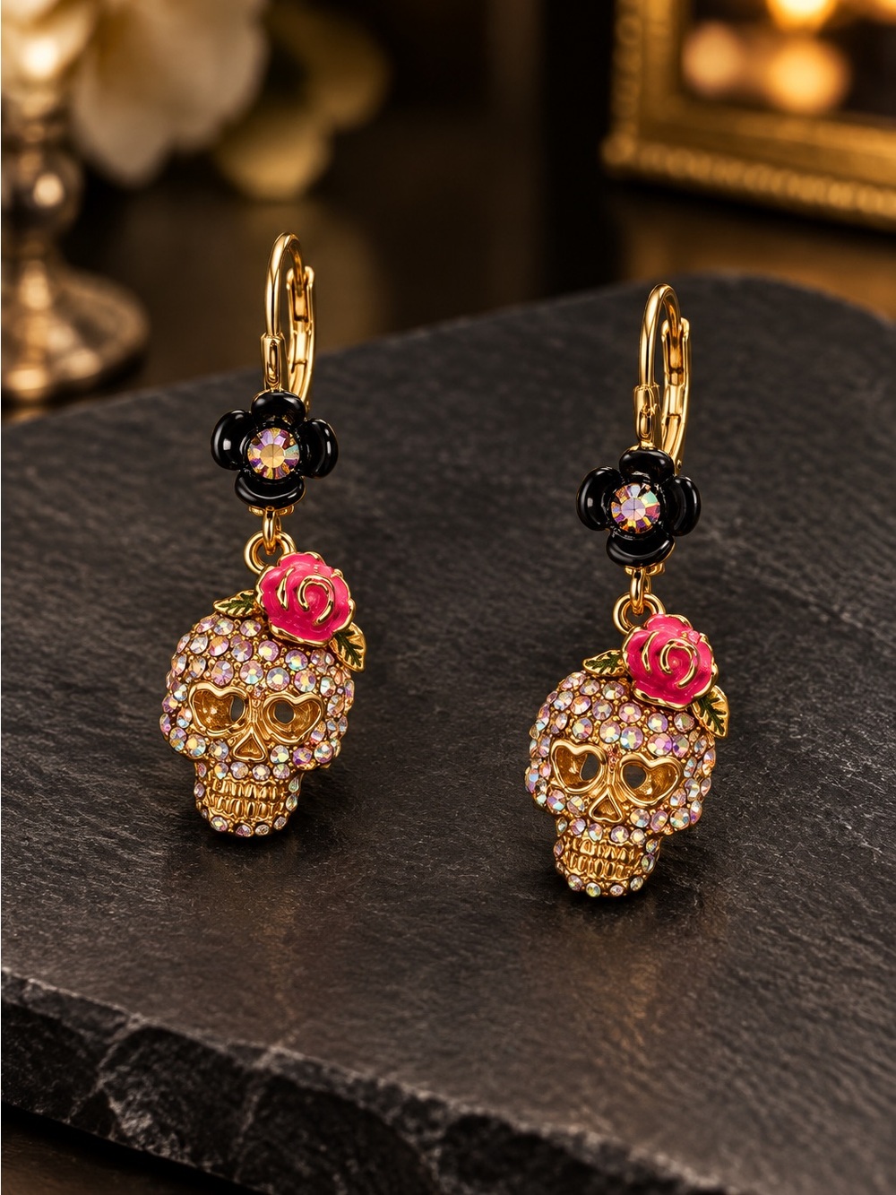 Betsey Johnson Gold Sugar Skull Drop Earrings with Pink Rose and Black Accents